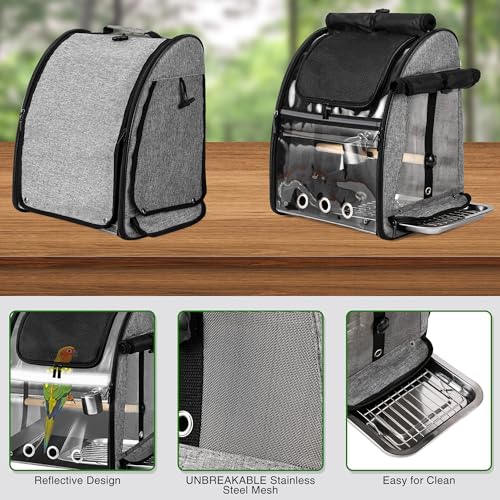 Bird Carrier Bag with Indestructible Stainless Steel Mesh, Bird Travel Cage with Stand, Easy to Clean Backpack for Parrot, Portable Bird Travel Bag, Grey - color: Grey