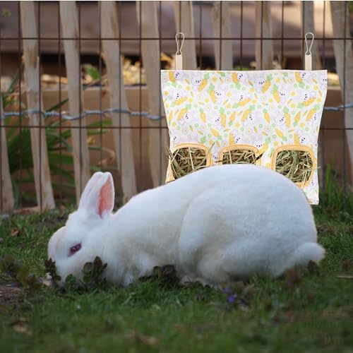 Lesnala 2 Pcs Canvas Hanging Bunny Hay Feeder Bags 3 Holes 2 Styles | Rabbit hay feeder Bag, Guinea Pig Hay Bag, Large Capacity Cotton Canvas Fabric, for Chinchillas Hamsters & Other Small Pets - color: Rabbit pattern