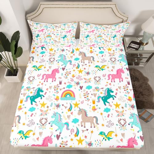 Kids Unicorn Bed Sheets Queen Cartoon Dinosaur Sheet Set Kawaii Wildlife Animal Fitted Sheet Boys Girls Colorful Cute Starry Sky Bedding Set Room Decor Gift Cute Flat Sheet 4Pcs With 2 Pillowcases - color: Multi 09, size: Queen
