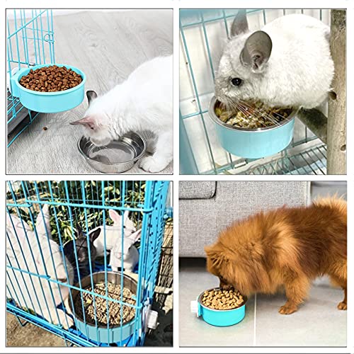 Tfwadmx Crate Dog Bowl Cat Removable Stainless Steel Food and Water Feeder Hanging Cage Bowls Coop Cup with Cleaning Set for Pet Puppy Bird Rat Guinea Pig Ferret Bunny Rabbit 2Pcs - color: Light blue, light green (2 PCS)
