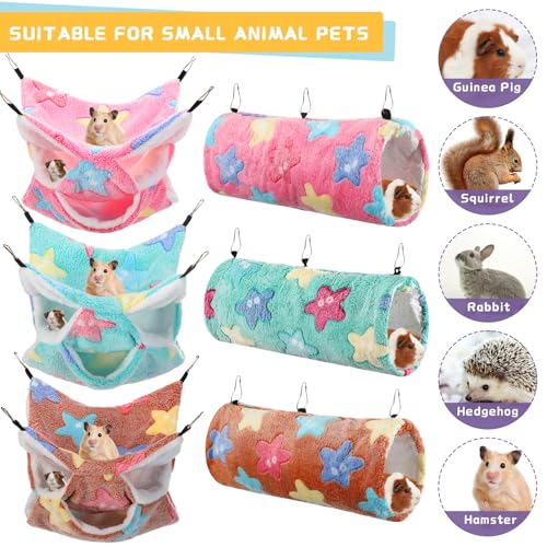 6 Pcs Rat Hammock Set Ferret Hanging Tunnel 3 Tier Guinea Pig Hammocks Hideout Soft Chinchilla Bed for Cage Accessories Hide,Play and Sleep(Dreamy,Star) - color: Dreamy