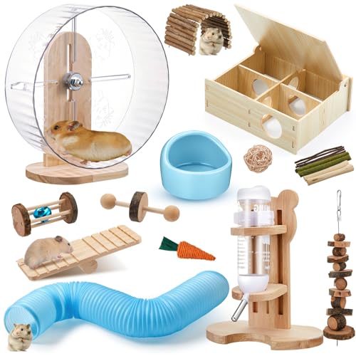 20 Pcs Hamster Toys Set, 16 Small Animal Chewing Toys, Maze Wood House, Silent Exercise Running Wheels and Water Bottle Set Feeding Bowl for Hamster Habitat Rat Cage Accessories (Blue) - color: Blue