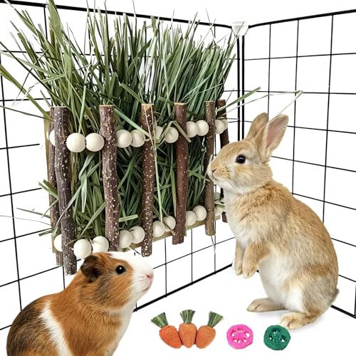 Wood Rabbit Hay Feeder,Hanging Guinea Pig Hay Holder,Biting Resistant Bunny Grass Holder,Small Animals Feeding Grass Manage Rack Dispenser for Chinchilla,Hamsters Cage Accessories