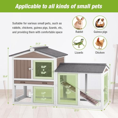 Outdoor Rabbit Hutch with No-Leak Plastic Tray, Expandable Chicken Coop, Large Run Space for Bunny, Guinea Pig, Duck, and Small Animals - color: Brown