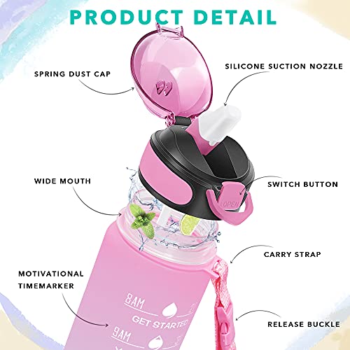 Enerbone 32 oz Drinking Water Bottle with Times to Drink and Straw, Motivational with Carrying Strap, Leakproof BPA & Toxic Free, Ensure You Drink Enough Water for Fitness Gym Outdoor - color: Pink-Green