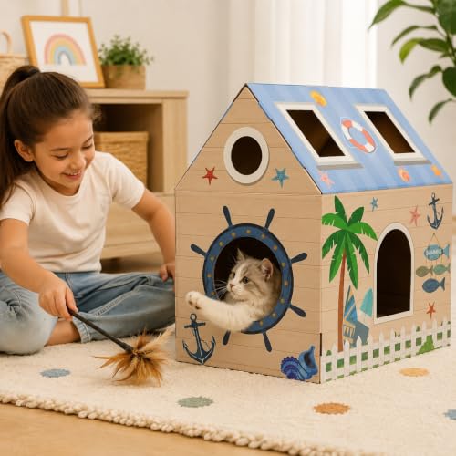 Cinrobiye Cardboard Cat House with Scratcher, Indoor Cat Condo Cat Cave Hideout with Scratch Pad, Cardboard Cat Playhouse Bed for Cats, Kittens, Rabbits & Small Pets (Seaside) - color: Seaside