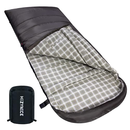HiZYNICE Sleeping Bags for Adults XXL Cold Weather | 100% Cotton Flannel Winter Camping Large 90 x 39 in,Compression Sack Included - color: Olive Brown, size: 0F Left Zip