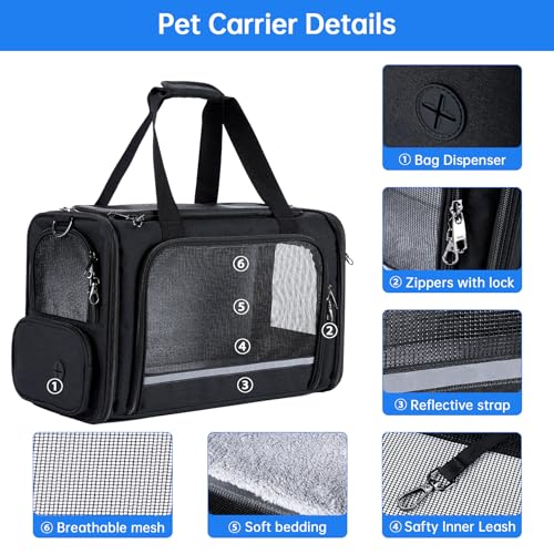 Cat Carrier Pet Travel Carrier by Airplane Approved Under Seat, TSA Airline Approved Soft-Sided Carrier Bag for Cats, Dogs, 17.5 x 8.5 x 11 Inches, Black - color: Black
