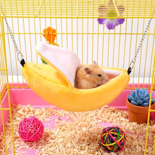 Bremorou Banana Bed House, Hamster Cage Accessories, Warm Pet Bed House, Hammock, Small Pet Supplies, Cage Nest for Guinea Pig Sugar Glider Hamster Small Bird Animal (Banana)