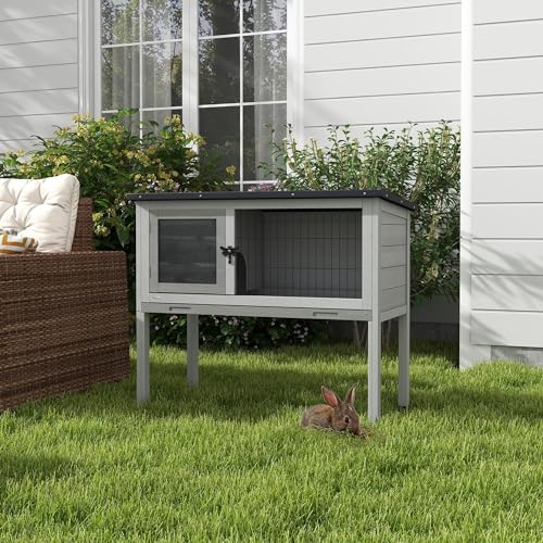 PawHut Elevated Wooden Rabbit Hutch Indoor/Outdoor Bunny Cage Gray | Hinged Asphalt Roof, Removable Tray for Guinea Pig - color: Gray