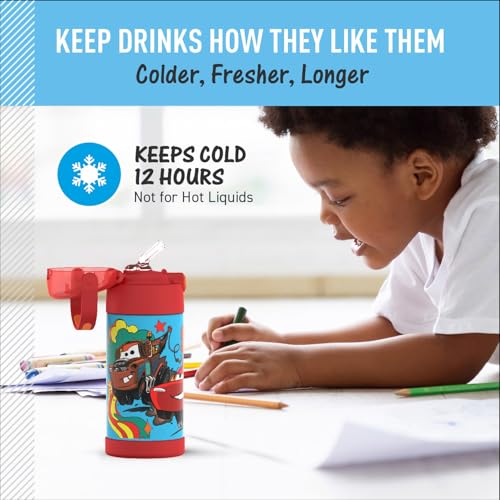 THERMOS FUNTAINER Water Bottle with Straw, 12oz, Cars | Kids Stainless Steel Insulated Water Bottle, Keeps Drinks Cold Longer for School & Play, BPA-Free - color: Cars, size: 12 Ounces