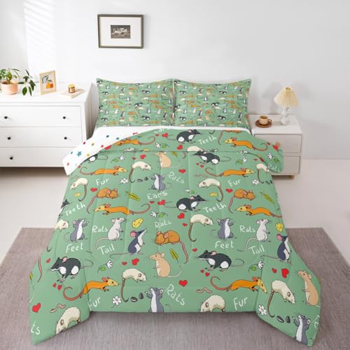 Erosebridal Kids Rat Comforter Set, Mouse Rodents Bedding Set Full Size, Funny Animal Love Heart Duvet Sets for Boys Girls Children Bedroom, Cartoon Style Duvet Insert Decorative Room, Green - color: Multi 34, size: Full
