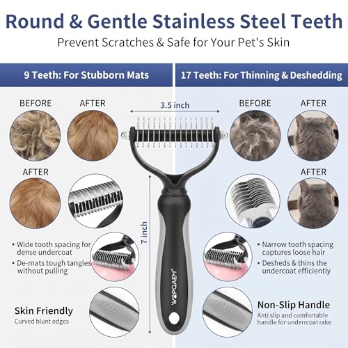 5-in-1 Dog Grooming Kit with Self Cleaning Brush & Rake, Grey | Complete Cat & Dog Hair Remover Tool Set with Self-Cleaning Slicker Brush & Dematting Rake for Home Pet Grooming Supply - color: Gray
