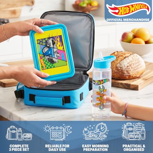 Get Trend Hot Wheels Boys Lunch Box 3Pc Set | Kids Insulated Lunch Bag with BPA-Free Water Bottle and Bento Box, Back to School Gifts for Boys - color: Multicolor Hot Wheels