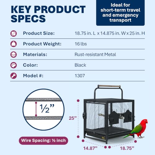 Prevue Pet Products Playtop Travel Carrier - Outdoor Travel Bird Cage for Small Parrots & Birds, Front Facing Door, Rope Perch, Lightweight & Portable, Easy Transport - Black