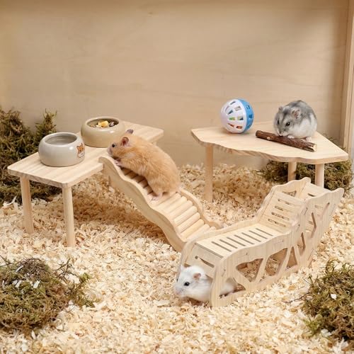 4 Pcs Hamster Platform Wooden Tunnel Ladder Hidden Play House Hamster Game Climbing Toy with Platform, Decor Toy cage Accessories for Dwarf Syrian Mice Degus Gerbils Squirrel and Other Small Pets - color: 4 Pcs