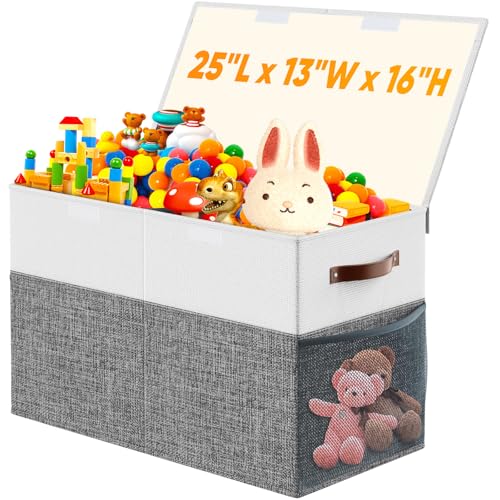 Large Toy Storage Box with Lid & Dividers, Kids Toy Chest, Gray and White | Toy Box for Boys, Girls, Nursery, Bedroom, Living Room, Playroom, 25 x 13 x 16 inches - color: Large Gray and White