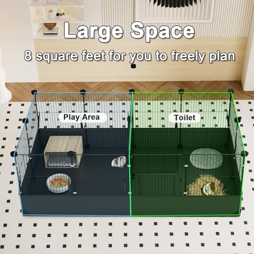 Tresbro Guinea Pig Cage with Waterproof PVC Bottom Liner & One-Hand Release Hook, Triple Fixing C&C Cage for Guinea Pigs, Bunny, Rabbit, Hedgehog, Small Animal Indoor Playpen 48''L x 24''W x 16''H - size: 14 Panels
