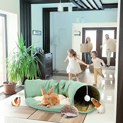 BWOGUE Bunny Tunnel Bed, 2-in-1 Collapsible Rabbit Tunnel Hideout with Mat | Removable Mat for Washing, 46.8 in Length, Ball Toy for Play, Soft Suede Fabric, Cats Rabbits Guinea Pigs - color: Green