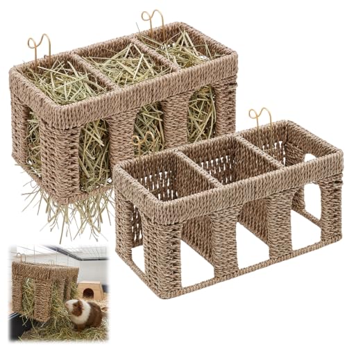Sliner 2 Pcs Natural Seagrass Guinea Pig Hay Feeder, Five Arch Rabbit Hay Rack Holder with Metal Hanging Hook, Less Waste for Bunny Chinchillas, Small Animal Cage Accessories, Pet Gifts