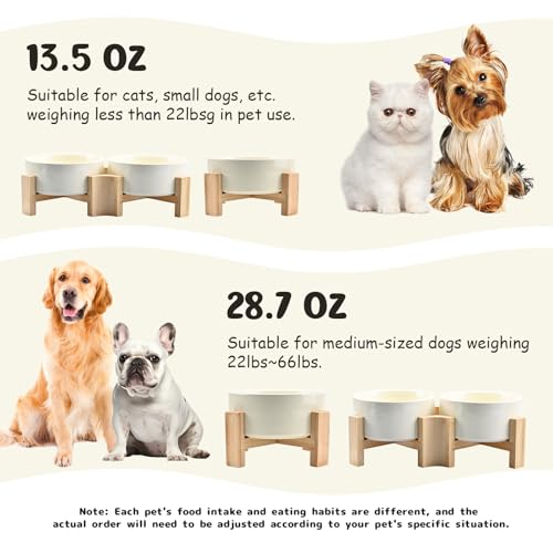SPUNKYJUNKY 15° Slanted Ceramic Dog and Cat Bowl with Wooden Stand, Tilted Bulldog Food and Water Bowl No Slip Non-Spill for Cats Medium Dogs Big Face Pets 28.7 OZ (3.6 Cups, Beige × 2) - color: Beige, size: 3.6 CUPS × 2