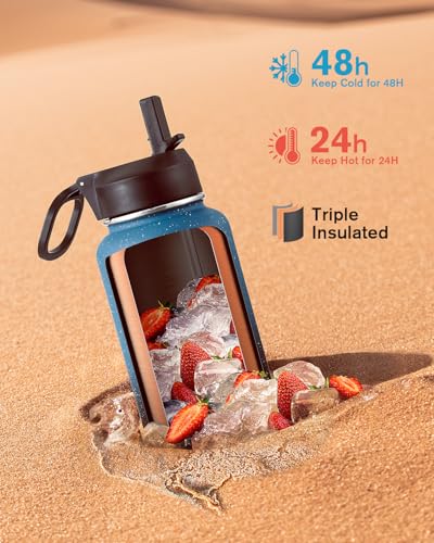 Coolflask 32 oz Water Bottle Insulated with Straw & 3 Leakproof Lids | Water Flask Stainless Steel Triple-Wall Vacuum,Cold 48+h, Dishwasher Safe,Wide Mouth,BPA-Free,Carrier Bag,for Gym,Hiking - color: Turquoise, size: 32 Ounces
