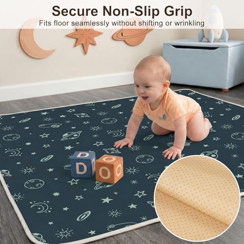 Basumee Splat Mat for Under High Chair, Waterproof & Mess-Proof Floor Mat | 46"×42" Baby Splash Mat, Non Slip Bottom, 4-Layer Fabric, Food & Liquid Catcher, Machine Wash for Boy Girl, Meals, BLW, Craft - color: Dark Blue Space, size: 46x42 Inches