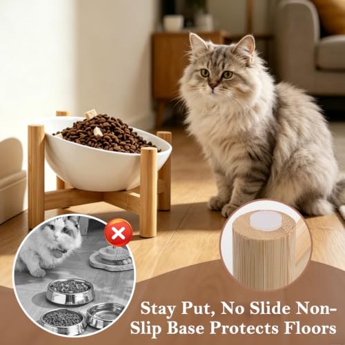 15° Slanted Rim Ceramic Cat Bowl, Anti-Spill for Small Cats,White | Food-safe Ceramic with Wooden Stand,Ergonomic Tilt Relieves Neck Strain,Anti-Vomiting,Prevents Whisker Fatigue - color: White