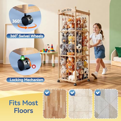 Stuffed Animal Storage Zoo Tower, Large Capacity Wooden Stuffed Animal Holder with Wheels, Space-Saving Toy Storage Organizer, Stuffy Plushies Storage for Nursery, Playroom & Bedroom