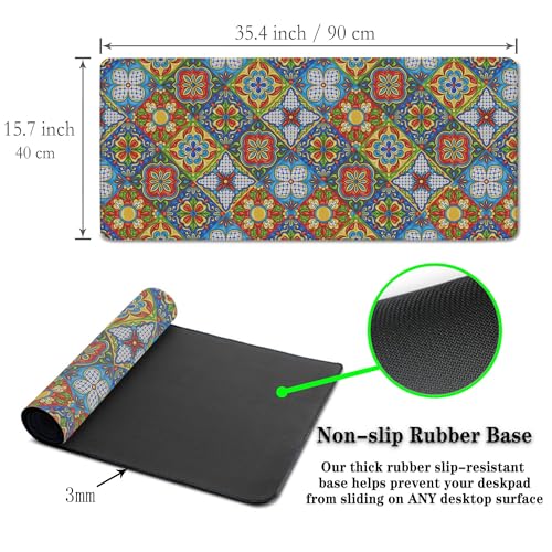 Extra Large Mouse Pads Gold Pad for Mouse Gaming Mousepad Computer Mat Large Mouse Mat Non-Slip Rubber Base 35.4 X 15.7 for Game Office, Mexican Talavera Ceramic Tile Pattern - color: Ceramic Tile Pattern