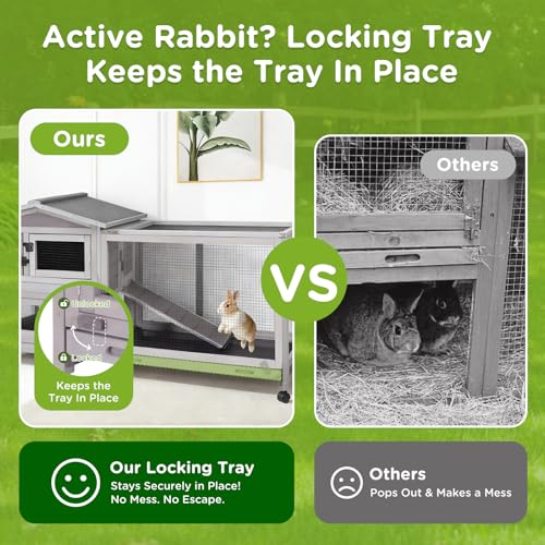 Gutinneen Large Indoor Rabbit Hutch Bunny Cage with Chew-Proof Ramp, Locking Leak-Proof Trays - Outdoor 62" Wooden Rabbit Cage with 6 Wheels for Rabbits, Guinea Pigs, Small Animals (Grey) - size: 62.0"L x 22.6"W x 33.5"H
