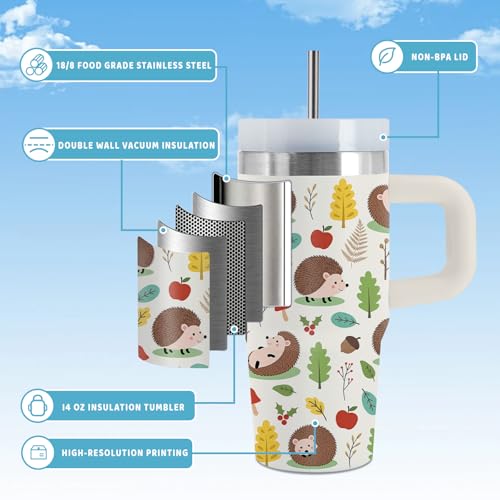 Hedgehog 14oz Tumbler, with Handle Straw, Stainless Steel Sport Cup | 14 oz Insulated Water Bottle, Travel Vacuum Coffee Mug, Thanksgiving Christmas Birthday Gift for Daughter, Animal Lover Gifts - color: Hedgehog-White