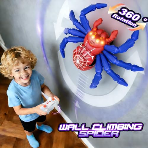 Wall Crawler Spider, Rechargeable Remote Control Robot Toy | Wall Climbing Toy with Gift Card for Kid, Boys, Girls, Halloween Toys, Birthday Gift (Red & Blue Spider) - color: Red & Blue Spider