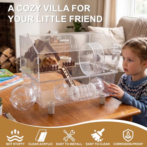 Loungewave Acrylic Hamster Cage, 8 in 1 Gerbil Cage with Accessories | Classic House Style, Dwarf Hamster Cage with Full Transparent Viewing, Clear View Inside Easy to Clean, Excellent Ventilation - color: Transparent