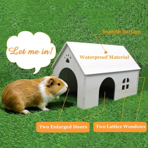 Amonk Guinea Pig Hideout 15x9x10 inch Large Size Wooden House with Window and Roof Wood Hut Habitats Decor for Bunny, Chinchillas, Dwarf Rabbits, Hamsters, and Other Small Pet Animals
