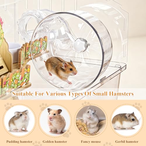 Acrylic Hamster Cage 2 Tier 23 Inch with Transparent Base | All Accessories Included, Large Silent Dwarf Hamsters Wheel, Tunnel Enclosure, Wood Hideout, Swings for Gerbils Mice