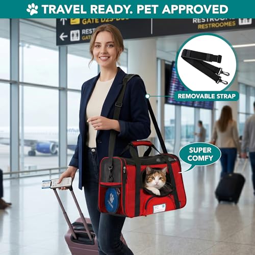 PetAmi Airline Approved Pet Carrier for Cats & Small Dogs, Small, Red | Soft Sided TSA Travel Bag, Sherpa Bed, Breathable Mesh Ventilation, Collapsible Bowl, Fits Under Seat, Up to 18 lbs - color: Red, size: Small - 17"L x 10.2"W x 11.2"H