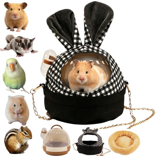 Hamster Carrier with Water Bottle Sugar Glider Travel Bag for Pet (Black) | Portable 180° open clear habitat includes 2oz drinker chain strap cozy pad & cute cover escape-proof lock for safe outing - color: Black