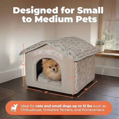 Best Pet Supplies Cat Bed for Indoor Cat, Domed Tent House with Removable Pillow, Covered Cat Cave for Small Dog, Puppies and All Breeds of Cats - Light Brown w/ Bones, 16 x 16 x H:14" - color: Light Brown w/ Bones, size: 16" x 16" x H:14"