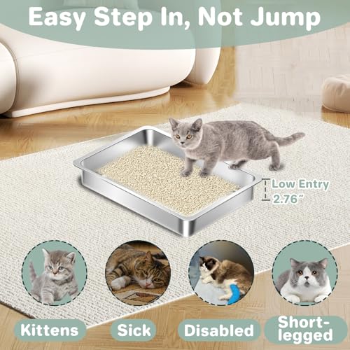 2 Pack Low Entry Stainless Steel Cat Litter Box for Senior Cats, Metal Shallow Litter Box, Easy Access Kitty Litter Pan Tray, Easy Cleaning,Non Stick-15.75''Lx 11.81'' W x2.76'' H - color: 2 pack-15.75''Lx 11.81'' W x2.76'' H