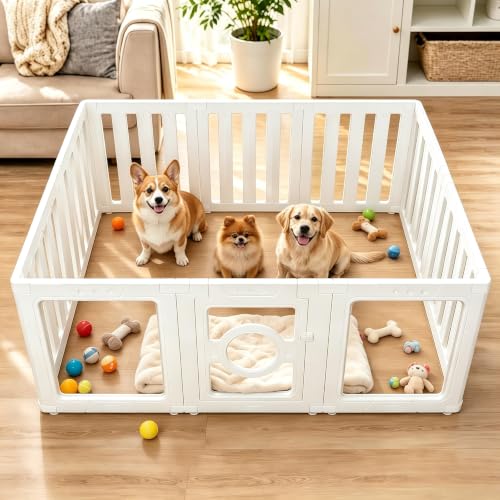 Acrylic Dog Playpen – Tool-Free 10-Panel Assembly Portable Dog Play Pen with Door, 23.6” High Pet Fence Indoor, Modern White Pet Play Pen for Dogs, Cats & Small Animals