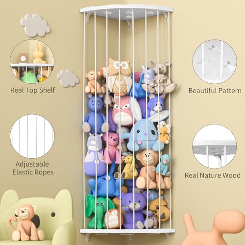 Jtksfcl Stuffed Animal Storage, Corner Stuffed Toy Shelf for Kids Room | Wall Mounted, Length Adjustable, Plush Toy Storage and Organizer for Nursery Play Room Bedroom