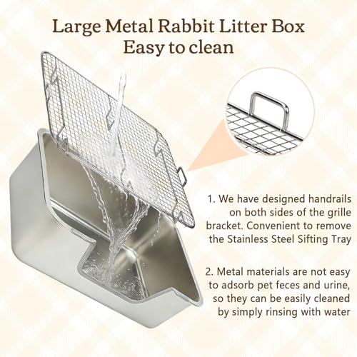 Rypet Large Stainless Steel Rabbit Litter Box Set for Small Animals | High Sides & Low Entry, 304 Stainless Steel Sifting Tray, Bowl and Bottle Included, Non-Slip, Easy to Clean, Odor Control - size: S(15.8"×11.8"×5.9")