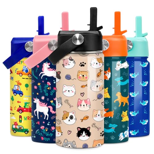 SANDJEST Kids Water Bottle Cat Water Bottles 12oz with Straw Insulated Stainless Steel Travel School Tumbler Double Wall Vacuum Cup for Girls Kid Boys - color: Cat 2