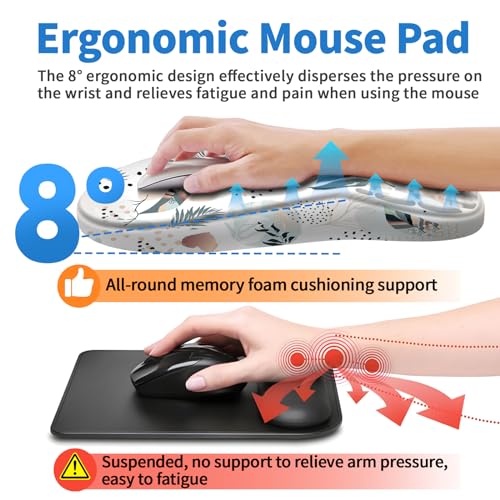 YIWEI Ergonomic Mouse Pad with Wrist Rest for Carpal Tunnel Pain Relief | Memory Foam Wrist Support,Non-Slip Rubber Base, Keyboard Computer Mousepad,Lycra Cloth Surface,Gaming Home Office - color: Boho Leaves