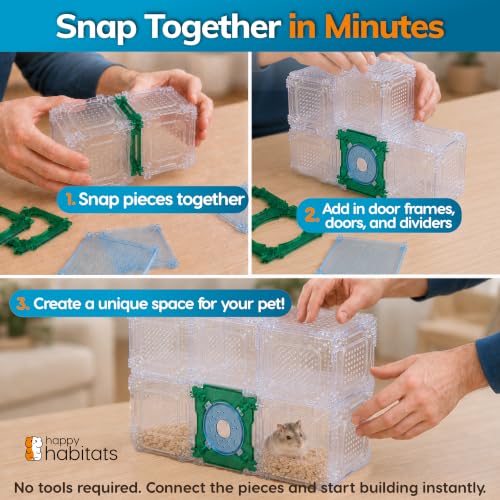 Burrow Bricks Hamster Maze Kit – 52 Piece Pet Hamster Cage | DIY Custom Hamster Tunnels that Also Fit Gerbils & Mice – Hamster Cage Accessories w/Modular Clear Panels, Doors & Connectors