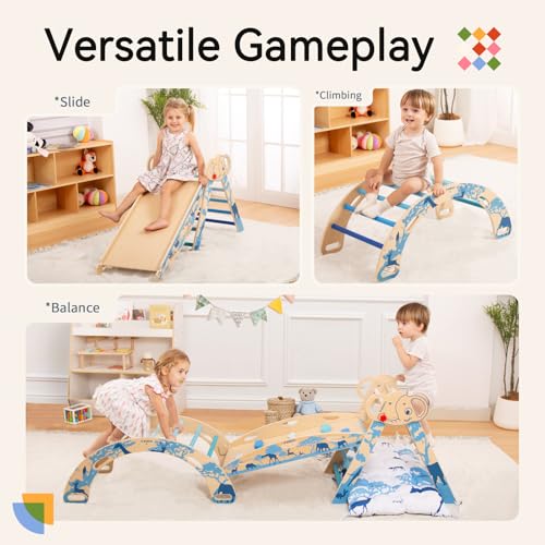 Pikler Triangle Set, Montessori 8-in-1 Climbing Set with Cushion | Wood Jungle Gym for 18M-5Y, Foldable, Reversible Animal Slide, Patent-Protected, 2.35in Gap, ASTM F963, Blue - color: Blue