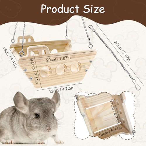 Natural Wood Chinchilla Toy Hammock for Cage Swing, Hanging Chinchilla Bed, Wooden Toys and Cage Accessories, Hut Ledges and Resting Areas for Indoor Habitat Enrichment