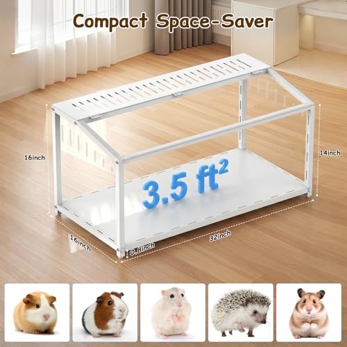 BORISI Hamster Cage Metal - Chewproof Large Hamster Cage, Hamster Habitat with Panoramic View and Ventilated Top, Dwarf Syrian Hamster Tank for Guinea Pig, Gerbil (32”L x 16”W x 16”H, White)