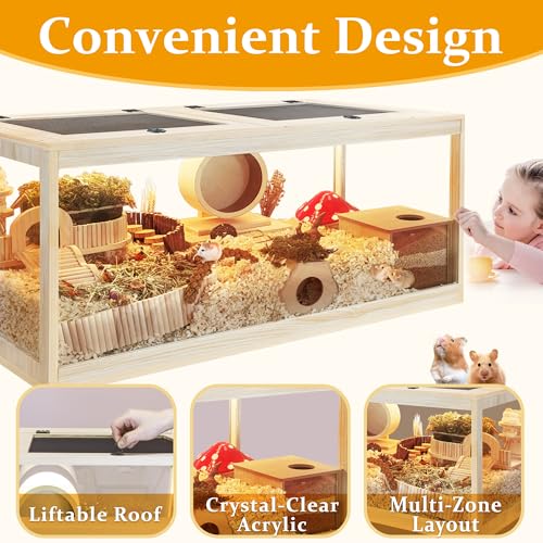PROLEE Hamster Cage with Metal Mesh Top, Chewproof Wooden Guinea Pig Cages, Mice and Rat Habitat,Large Hamster Cages with Acrylic Sheets Solid Built (48X20X20 Inch) - size: 48.0"L x 20.0"W x 20.0"H